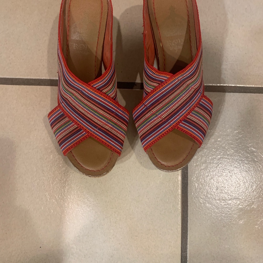 Crown Vintage Red Multicolor Striped Crisscross Open-Toe Wedge Sandals